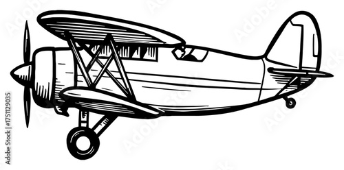 Retro Biplane Vintage Aircraft Black and White Outline Line Art Drawing Isolated Object Transport