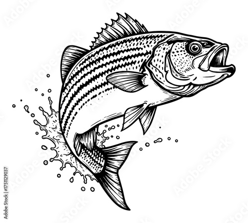 Striped Bass Fish with Dramatic Jumping from Water Splash Black and White Outline Line Art Drawing
