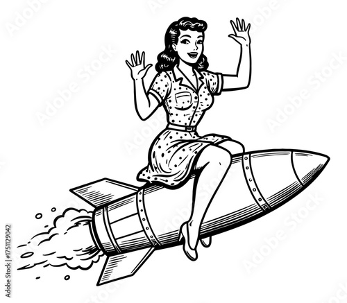 Vintage Pinup Girl Sitting on Flying Rocket Missile Waving Hand Black and White Outline Line Art Drawing
