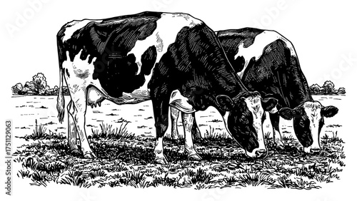 Two Dairy Cows Eating Grass in a Field Landscape Black and White Outline Line Art Drawing Engraving Style