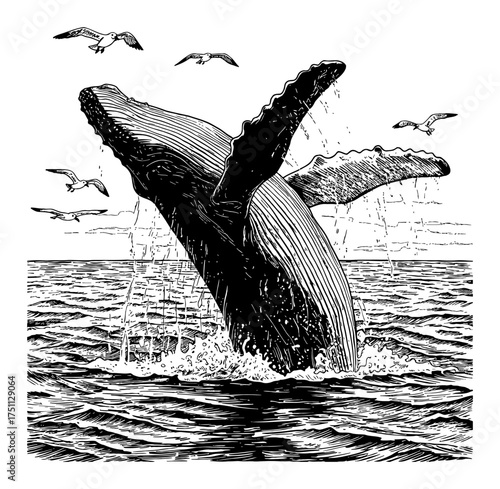 Humpback Whale Breaching Seagulls Sea Landscape Black and White Outline Line Art Drawing