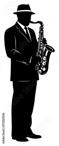 Man in Suit and Hat Playing Saxophone Simple Silhouette Black and White Outline Line Art Drawing Vector