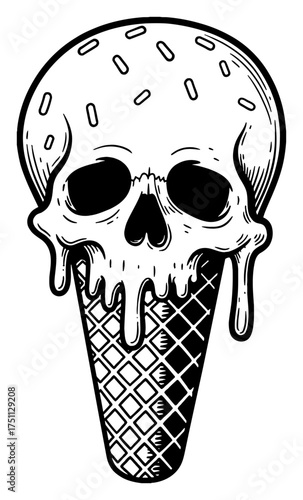 Melting Skull Shaped Ice Cream Cone Dripping Black and White Outline Line Art Drawing