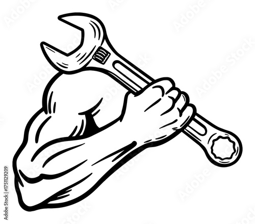 Muscular Arm Bicep Holding Adjustable Wrench Tool Black and White Outline Line Art Drawing Vintage Style
