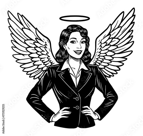 Retro pinup woman with angel wings smiling wearing office suit Black and White Outline Line Art Drawing