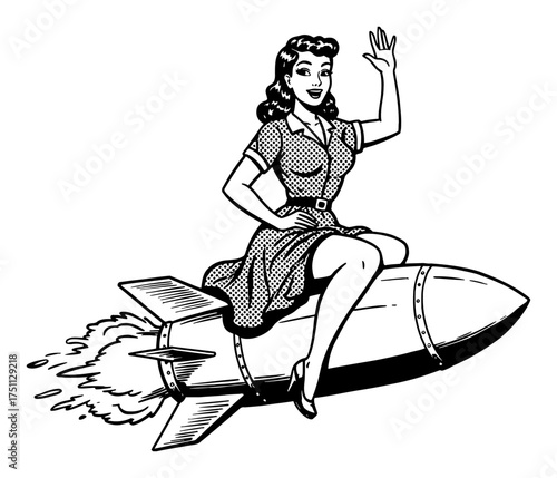 Vintage Pinup Girl Sitting on a Flying Rocket Missile Waving Hand Black and White Outline Line Art Drawing
