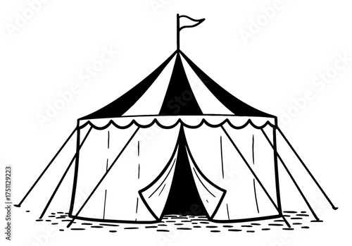 Striped Circus Tent Big Top with Flag Vintage Black and White Outline Line Art Drawing Isolated Object