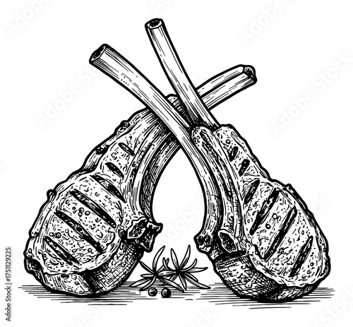 Two Grilled Lamb Chops Crossed with Spices Vintage Black and White Outline Line Art Drawing