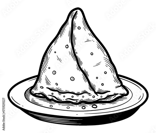 Samosa Indian Snack on Plate Black and White Outline Line Art Drawing Vintage Woodcut Style Vector Illustration