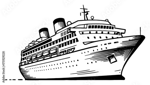 Luxury Cruise Ship Ocean Liner Black and White Outline Line Art Drawing Etching Vintage Style Transport Icon