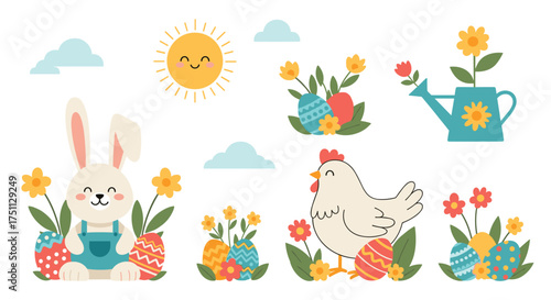 A charming collection of adorable easter bunny and chicken illustrations with colorful eggs and blooming flowers.