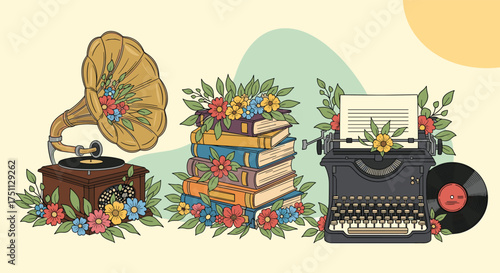 Vintage collection of literary and musical artifacts beautifully adorned with flowers.