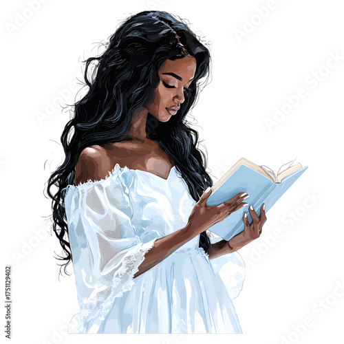 Watercolor Portrait of a Black Woman Reading a Book
