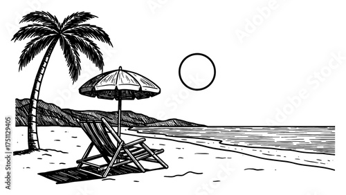 Detailed Beach Landscape with Chair Umbrella Palm Tree and Sun Black and White Outline Line Art Drawing