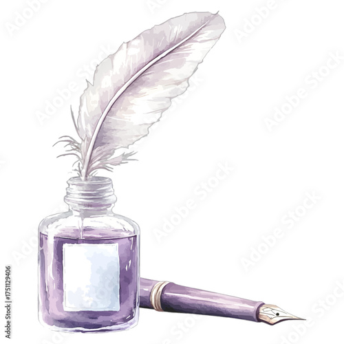 Watercolor Vintage Inkwell with Quill and Fountain Pen
