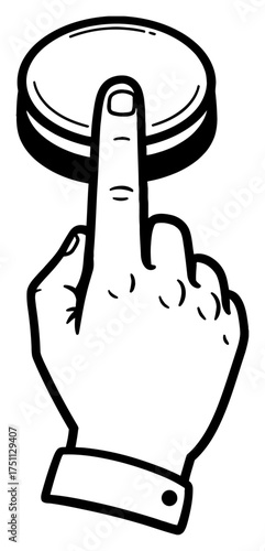 Detailed Hand Finger Pressing Start Button Action Outline Illustration Black and White Outline Line Art Drawing