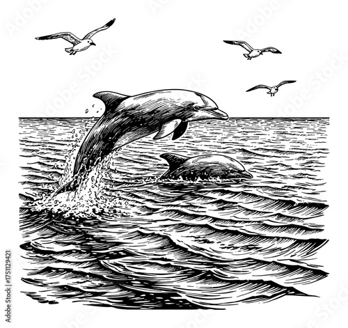 Detailed Sea Landscape with Dolphin Breaching and Seagulls Flying Black and White Outline Line Art Drawing