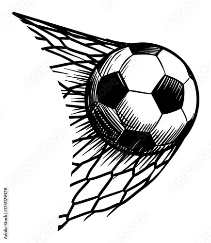 Detailed Soccer Ball Hits the Net Zoom In Black and White Outline Line Art Drawing Vector Illustration