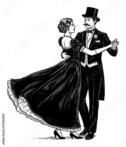 Elegant Couple Dancing in Vintage Formal Wear Top Hat Dress Black and White Outline Line Art Drawing