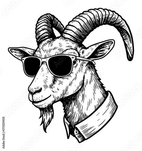 Goat head with sunglasses cool hipster mascot Black and White Outline Line Art Drawing vector isolated object