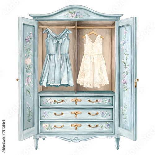 Watercolor Vintage Armoire with Blue and Cream Dresses
