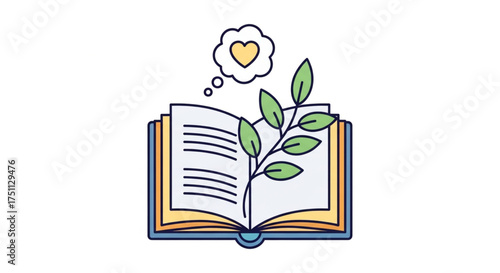 Illustration of an open book with a branch and a heart thought bubble for love of reading