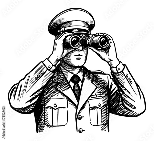 Focused military man in suit looking through binoculars Black and White Outline Line Art Drawing