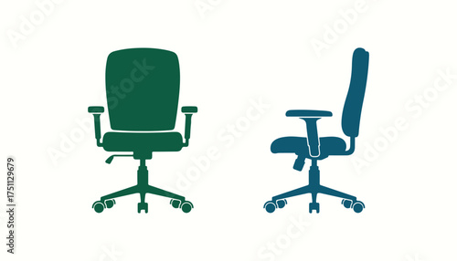 Vector illustration icon set of isolated rolling office chairs. Silhouettes from the front and side on a white background.
