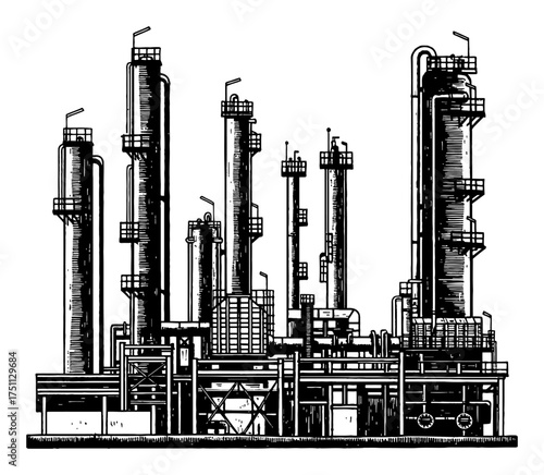 Oil Refinery Plant with Pipelines Towers Columns Industrial Factory Black and White Outline Line Art Drawing
