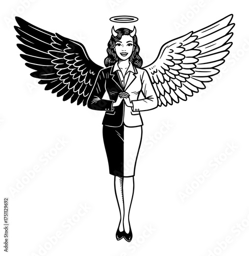 Retro Pinup Woman Half Devil Half Angel Smiling Office Suit Black and White Outline Line Art Drawing