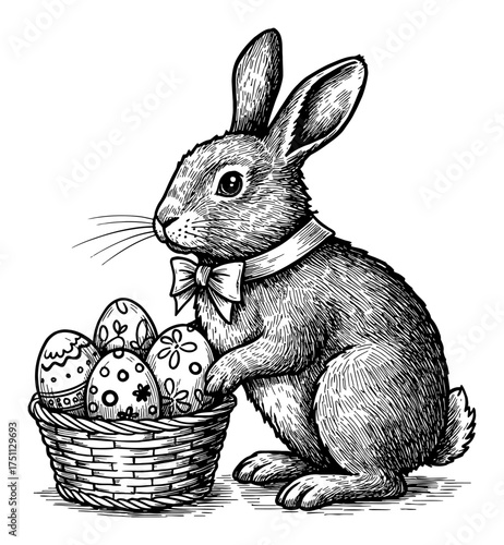 Easter Rabbit Holding Basket of Decorated Eggs Black and White Outline Line Art Drawing