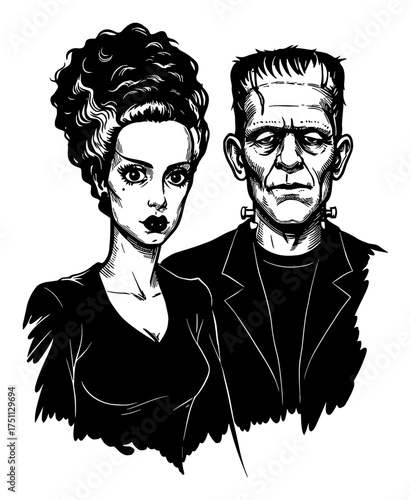 Scary Frankenstein Bride and Monster Couple Portrait Black and White Outline Line Art Drawing