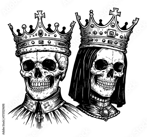Skull King and Queen Wearing Ornate Crowns Vintage Black and White Outline Line Art Drawing