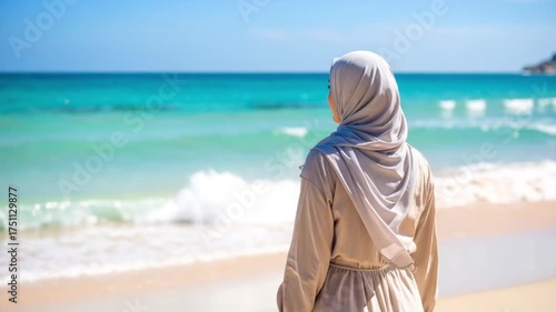 Muslim Woman Walking on Beach Enjoying Peaceful Morning