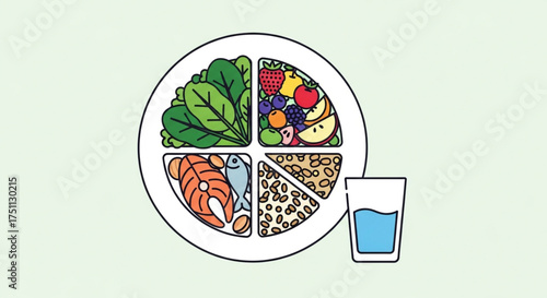 Balanced plate with vegetables, fruits, protein, grains, and water, promoting healthy eating habits and nutritional awareness
