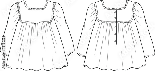 Baby girl dress flat sketch with frill details and back button closure – long sleeve kidswear technical fashion illustration