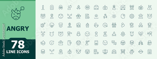 Angry icon pack. Thin line icons set. Pixel perfect. Editable vector. Reaction icon pack. Contain linear symbols aggressive, attack, offensive, aggression and more.