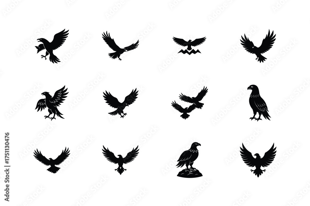 Fototapeta premium Collection of silhouetted birds of prey in various dynamic poses and flight styles