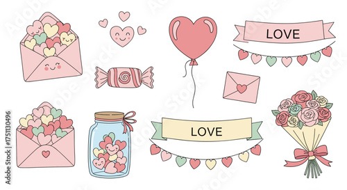 A collection of charming illustrations celebrating love and romance in pastel colors.