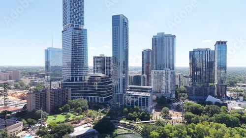 A stunning bird's-eye drone view captures the dynamic Austin, Texas, skyline, affectionately known as the 