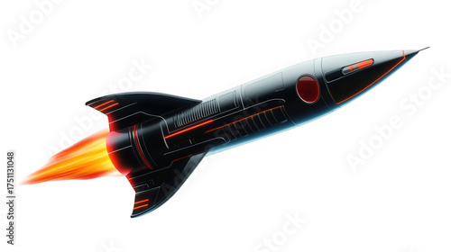 A sleek black rocket ship with red accents launching into space  view upward on transparent background