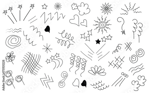 Creative hand drawn abstract doodle set with hearts stars and swirl lines, Abstract doodle sketch collection with stars spirals and hand drawn hearts, Hand drawn doodle elements with stars hearts 