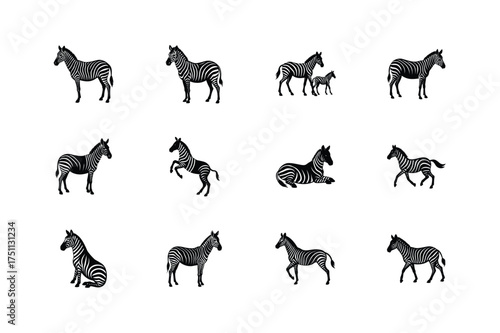 Collection of stylized black and white zebra silhouettes in various poses