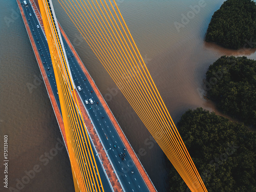 Symmetric modern cable-stayed bridge over rive, Contemporary urban span connecting city across waterway