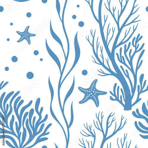 Seamless marine pattern with blue seaweed, coral, and starfish on a white background. Elegant ocean-inspired design perfect for textiles, wallpaper, and summer  Fresh, coastal, and natural