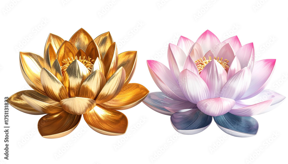 Fototapeta premium Artistic Lotus Flower Design Bundle – Two Stylized Floral Variations Isolated on Transparent Background