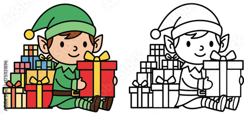 Cute Christmas Elf with Gifts Vector Illustration - Perfect for Holiday Designs