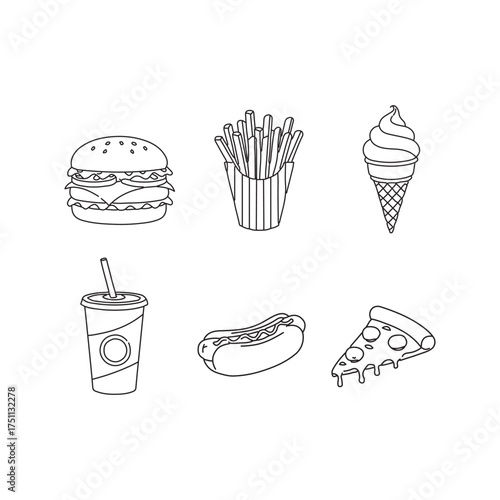 Classic Fast Food Icons Line Art Vector Set