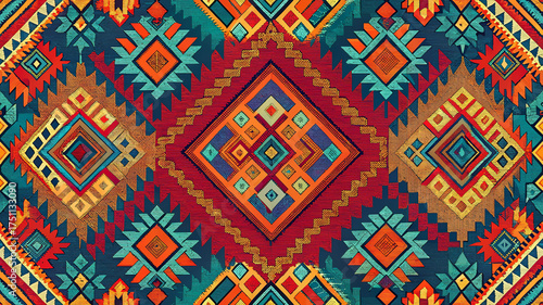 Guatemalan Huipil Weave Pattern, Mayan indigenous geometric diamond textile in turquoise, red and gold, seamless handwoven background for fabric, wallpaper, apparel prints and home decor