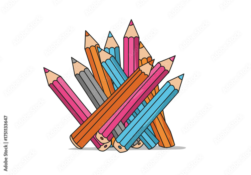 Fototapeta premium Colorful Cartoon Pencils Stacked Together in a Pile.